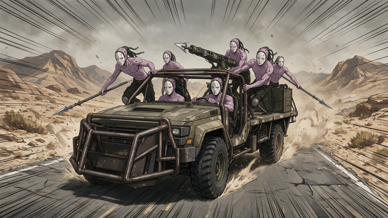 Keyframe: the White Masks' armored truck barreling down a desert highway